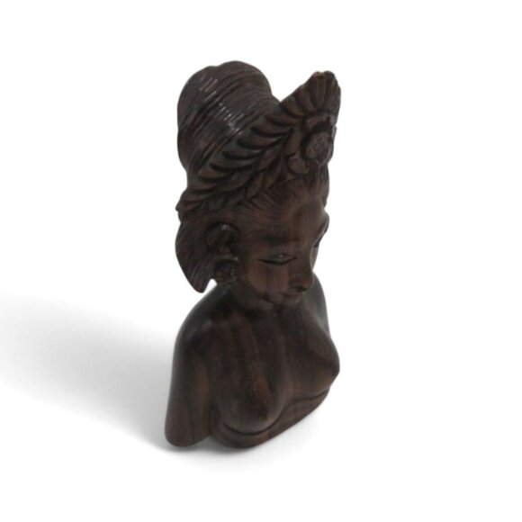 Female Wooden BUST Balinese Wooden With Floral Headdress from BALI 5" - Picture 5 of 10